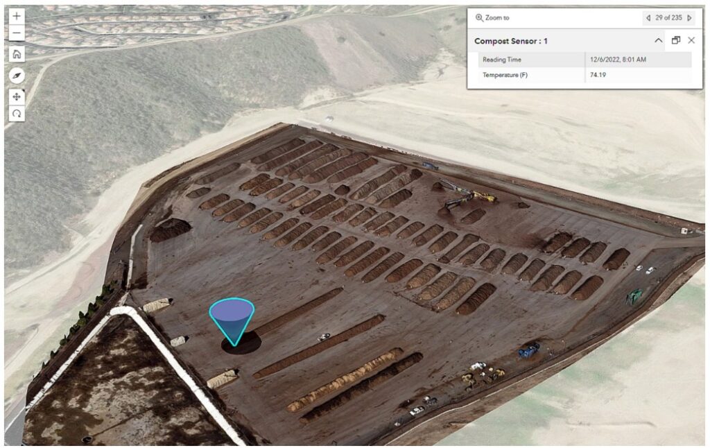 3D web scene of ArcGIS sensor in stockpile retrieving temperature via ArcGIS Velocity