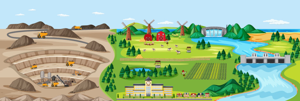 Landscape of coal mine and agriculture land illustration - Matt Cole viz Vecteezy