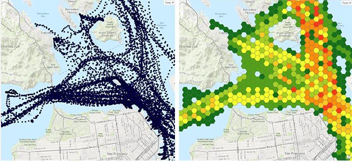 Raw AIS data and AIS data aggregated into hexbins