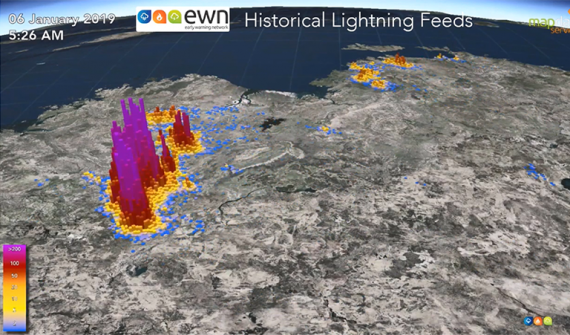 Early Warning Network map of lightning strikes in 3D