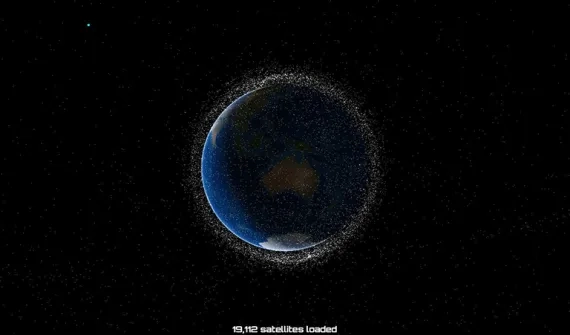 Animated 3D map showing satellites orbiting the earth