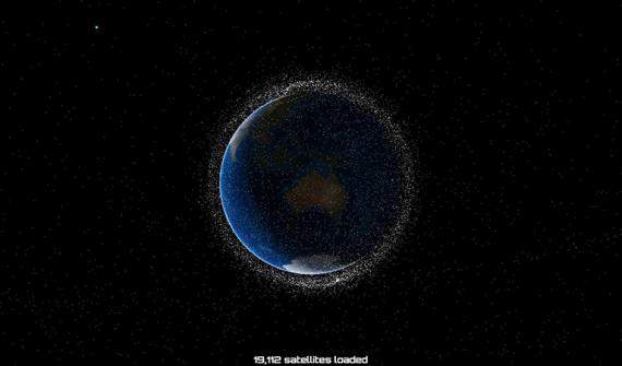 Animated 3D map showing satellites orbiting the earth